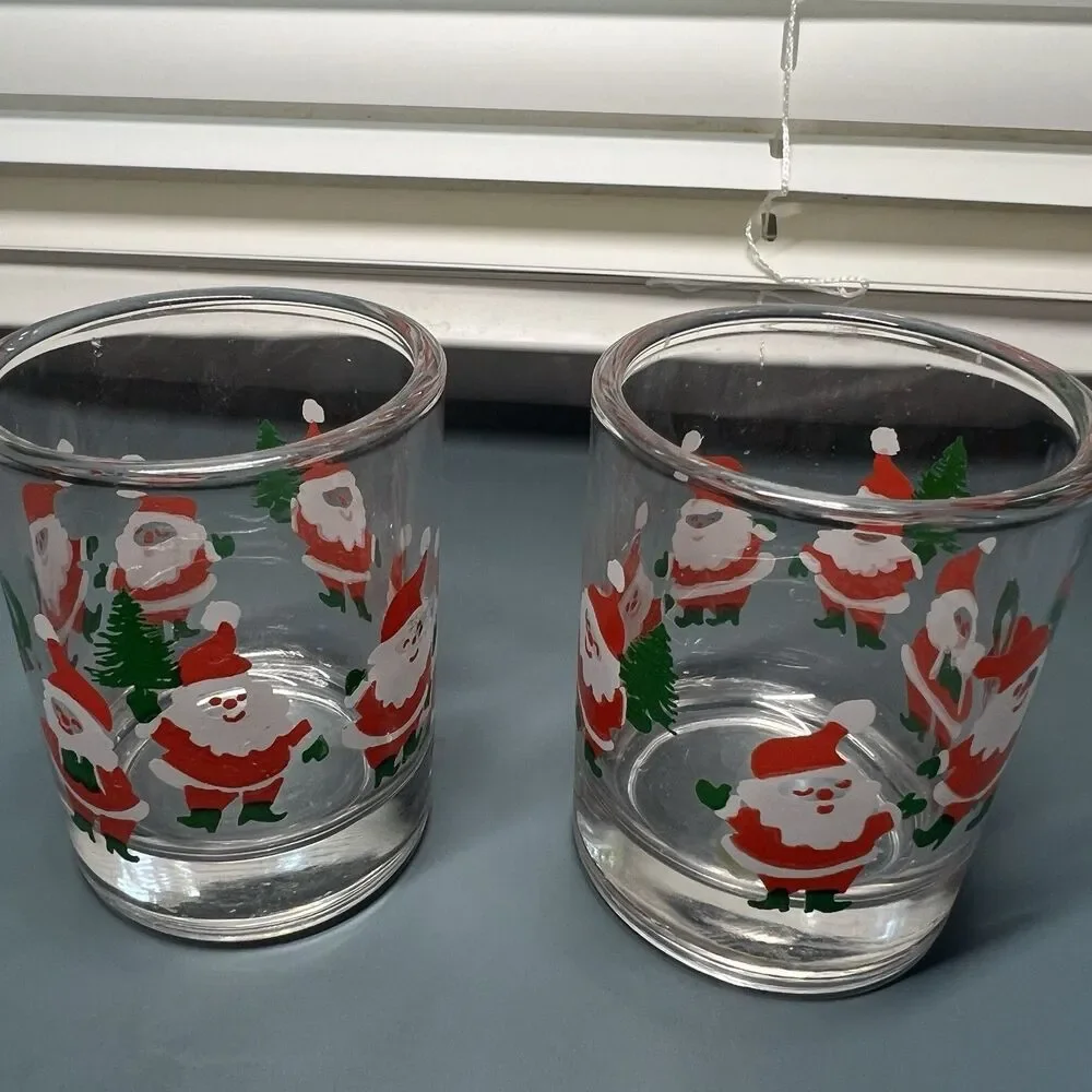 Vintage Indiana Glass Christmas Santa Claus Votive Candle Holders Set of 2
